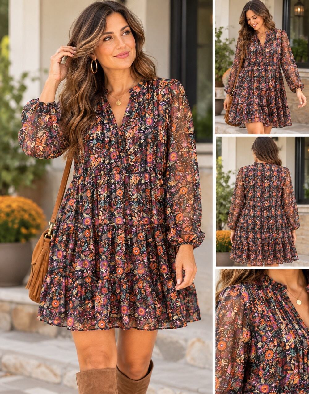 Soft Surroundings L Dark Floral Tiered Dress Boho Sheer Romantic Cottagecore